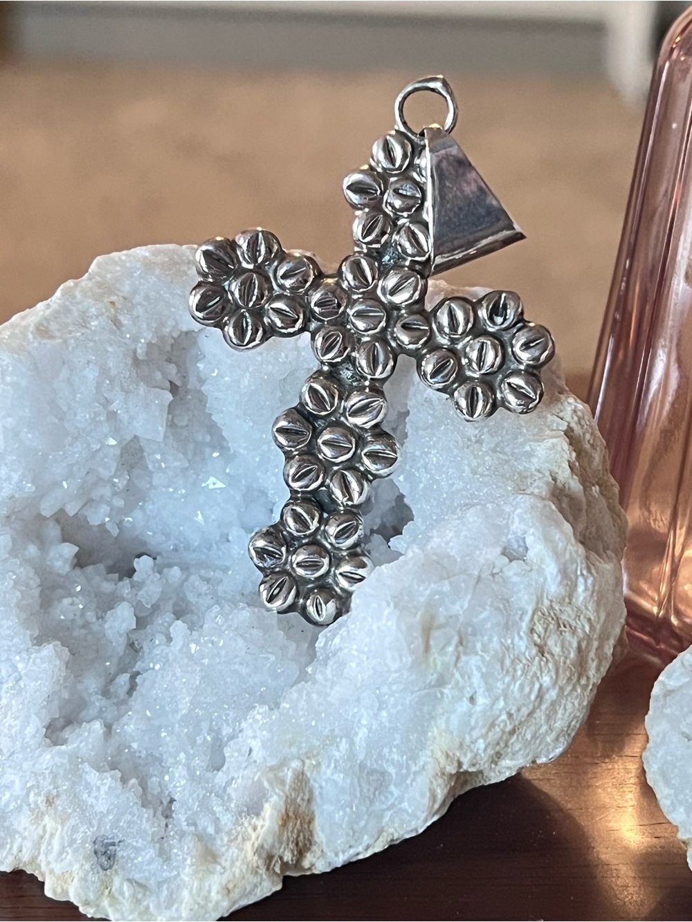 Vintage Taxco Mexican Floral Cross Pendant - Silver